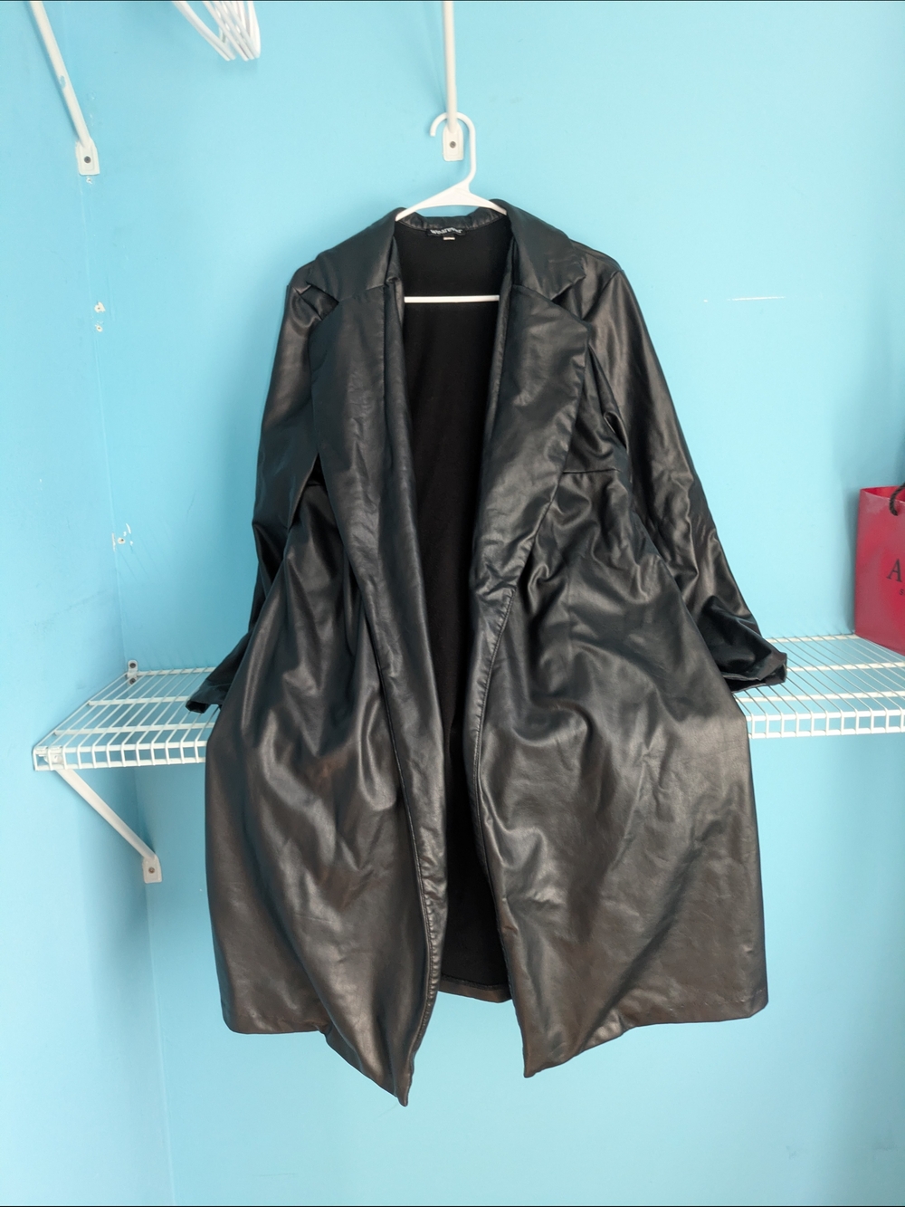 Women's Black Faux Leather Open-Front Coat